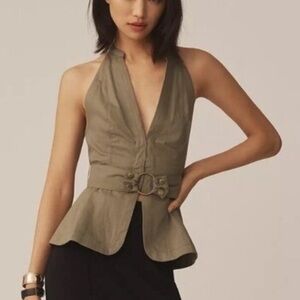 ANTHROPOLOGIE Belted Halter Top Open Back Moss Green Size XL NEW